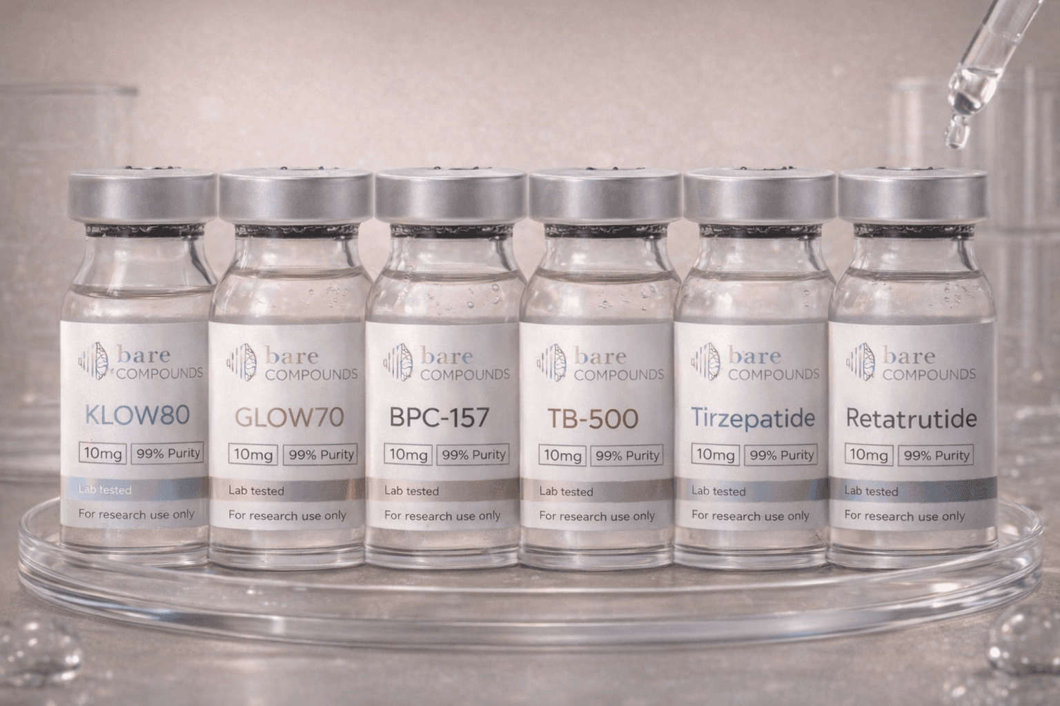 Bare Compounds lineup — KLOW80, GLOW70, BPC-157, TB-500, Tirzepatide, Retatrutide
